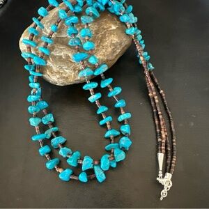 Kingman Turquoise Nuggets and Brown Shell Beaded Necklace 30” 2S Silver 19553